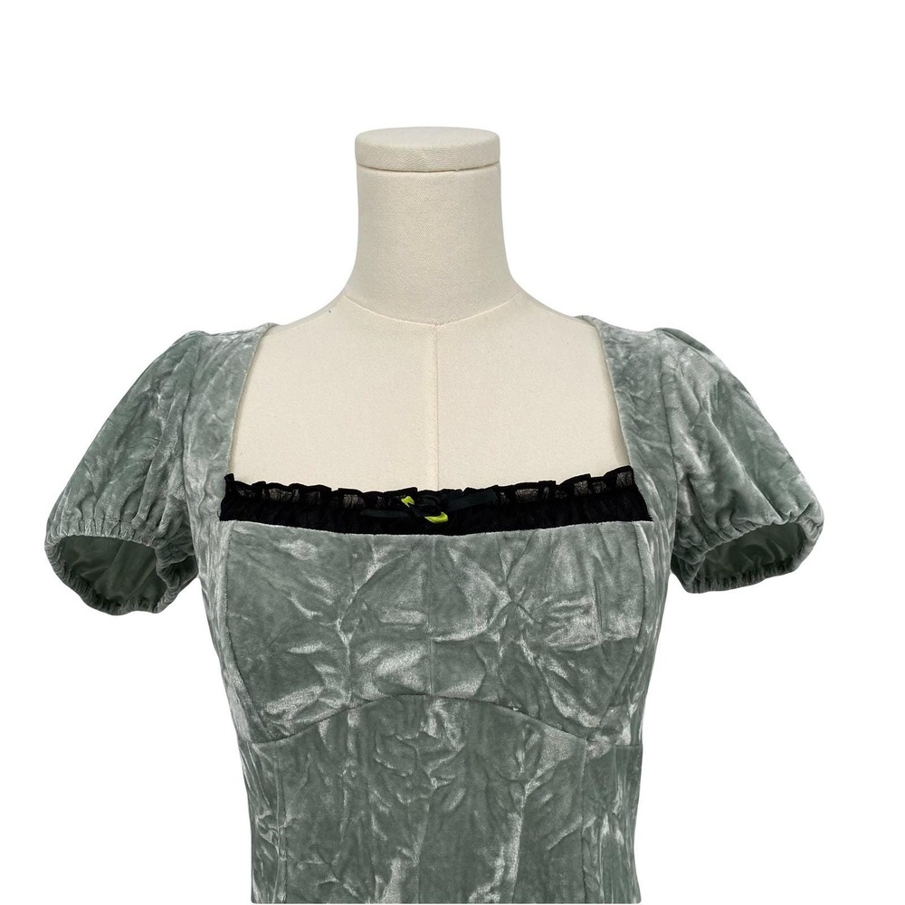 Y2k Coquette Babydoll Mini Dress M Mint Green Crushed Velvet Lace Open Back - Picture 10 of 16
